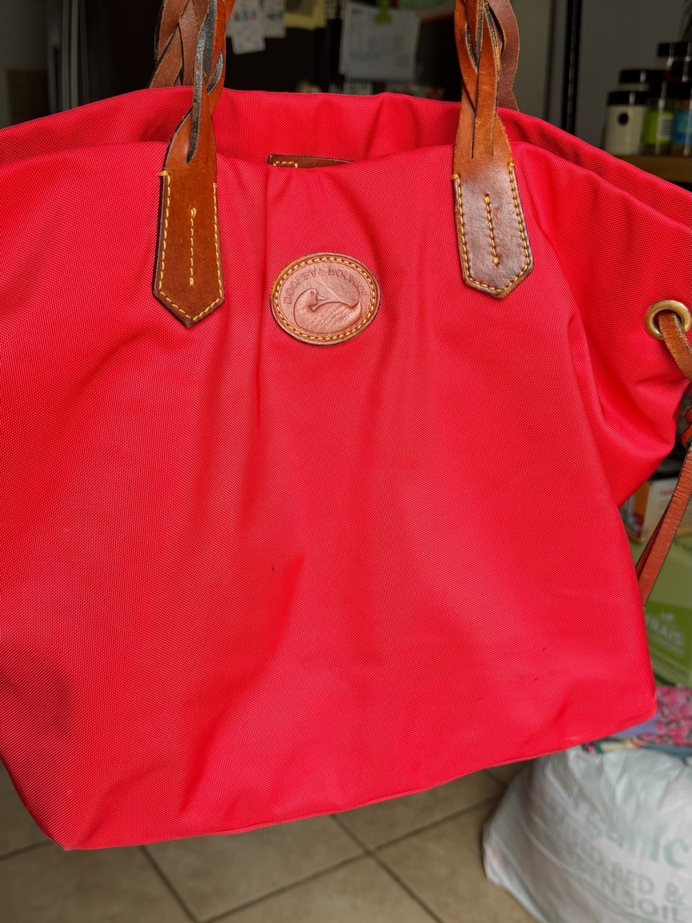 Dooney & Bourke Red Nylon Tote Bag Braided Leather Straps